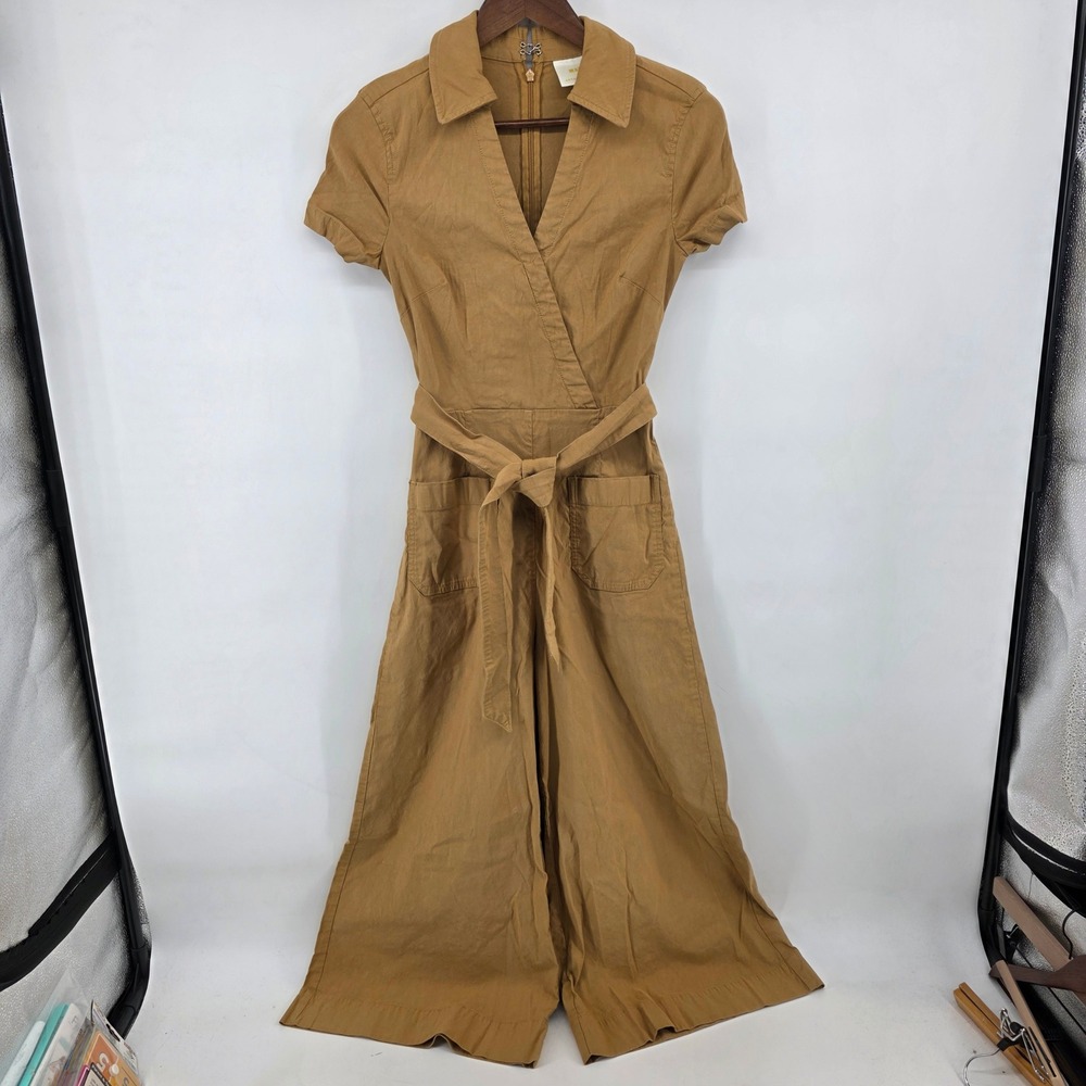 Maeve Anthropologie Culotte Khaki Brown Short Sleeve Wide Leg Jumpsuit Size 00